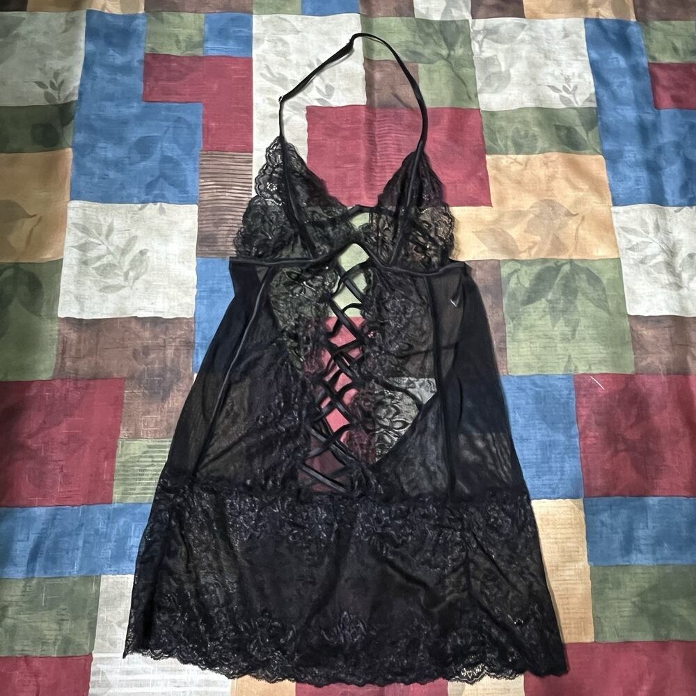 SEDUCTION By Fredericks size M Babydoll Black Lace Mini Dress Lingerie
